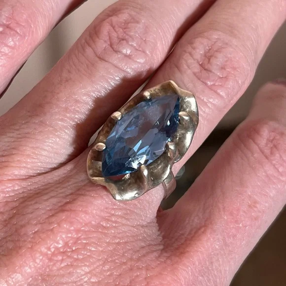 Antique art Deco Oversized Marquee Blue Topaz Brutalist Sterling Silver Ring - Picture 15 of 17
